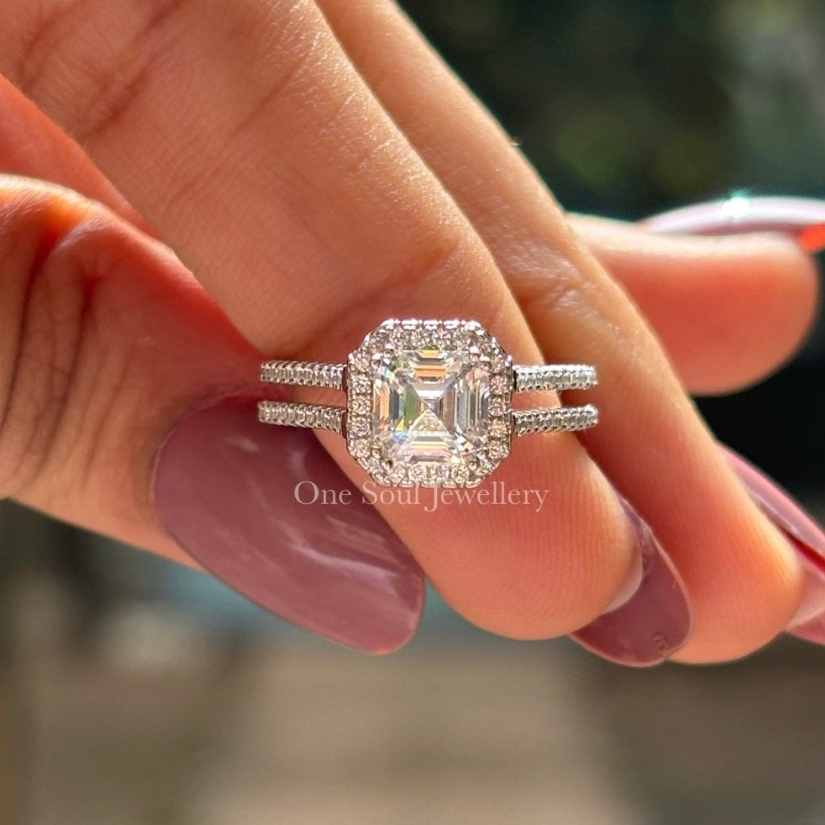 Asscher Cut Moissanite Engagement Ring, Halo Moissanite Wedding Ring, Double Shank Pave Set Ring, Double Prong, Solitaire White Gold Ring