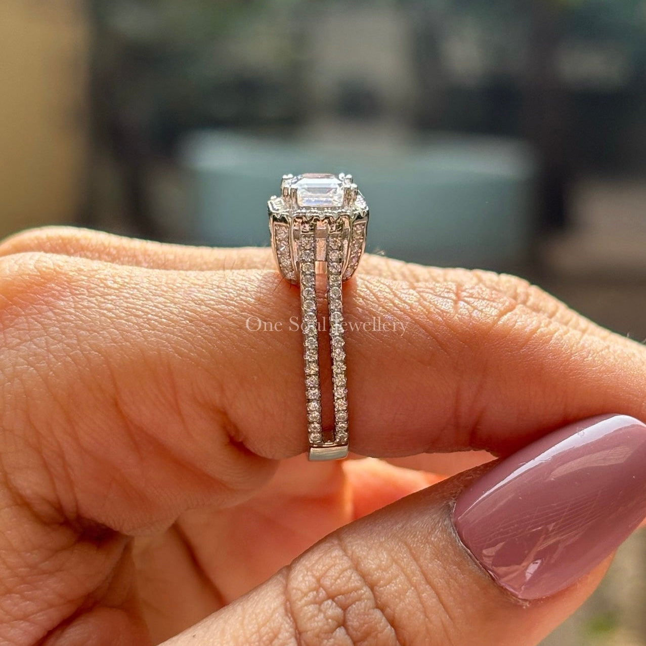 Asscher Cut Moissanite Engagement Ring, Halo Moissanite Wedding Ring, Double Shank Pave Set Ring, Double Prong, Solitaire White Gold Ring