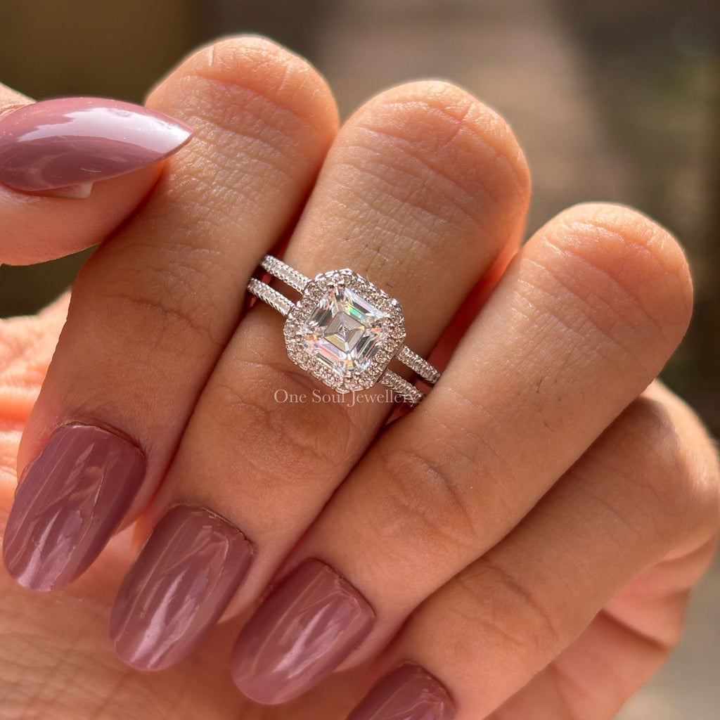 Asscher Cut Moissanite Engagement Ring, Halo Moissanite Wedding Ring, Double Shank Pave Set Ring, Double Prong, Solitaire White Gold Ring