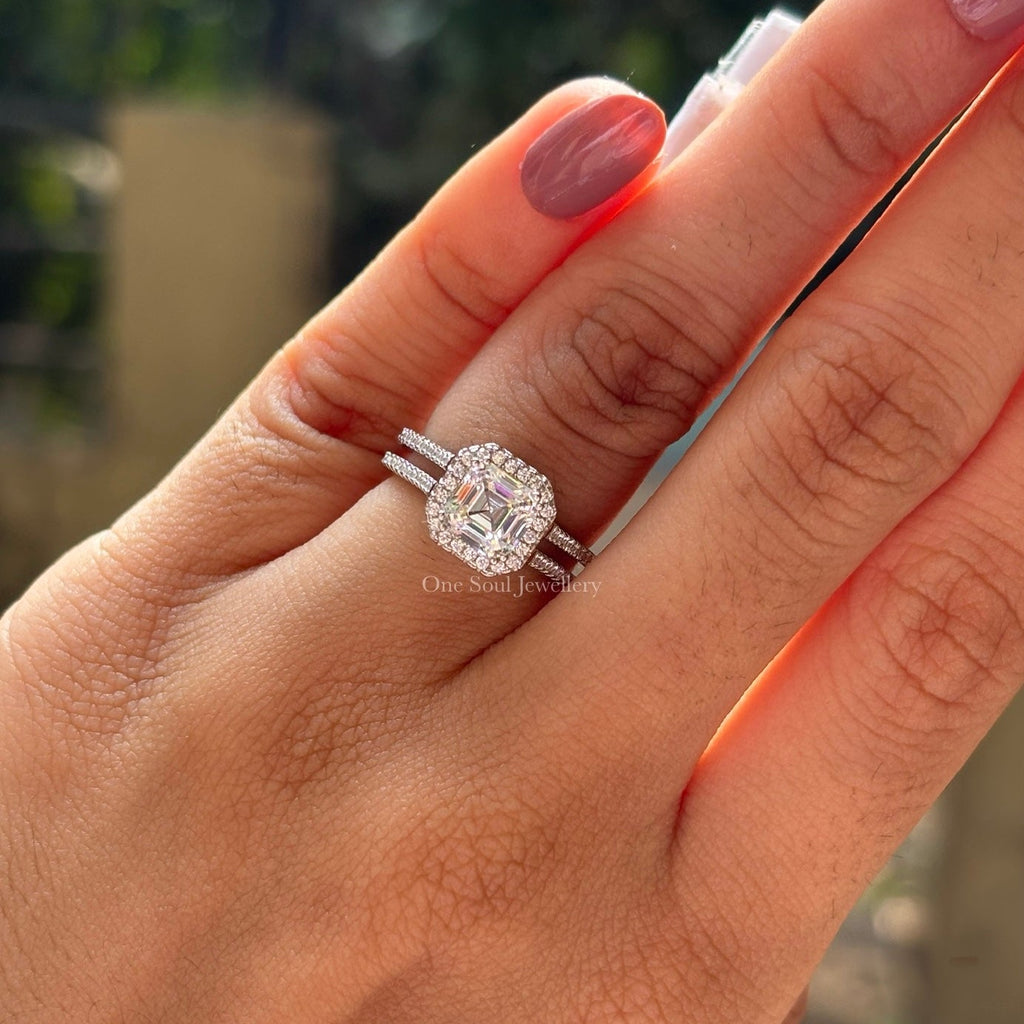 Asscher Cut Moissanite Engagement Ring, Halo Moissanite Wedding Ring, Double Shank Pave Set Ring, Double Prong, Solitaire White Gold Ring