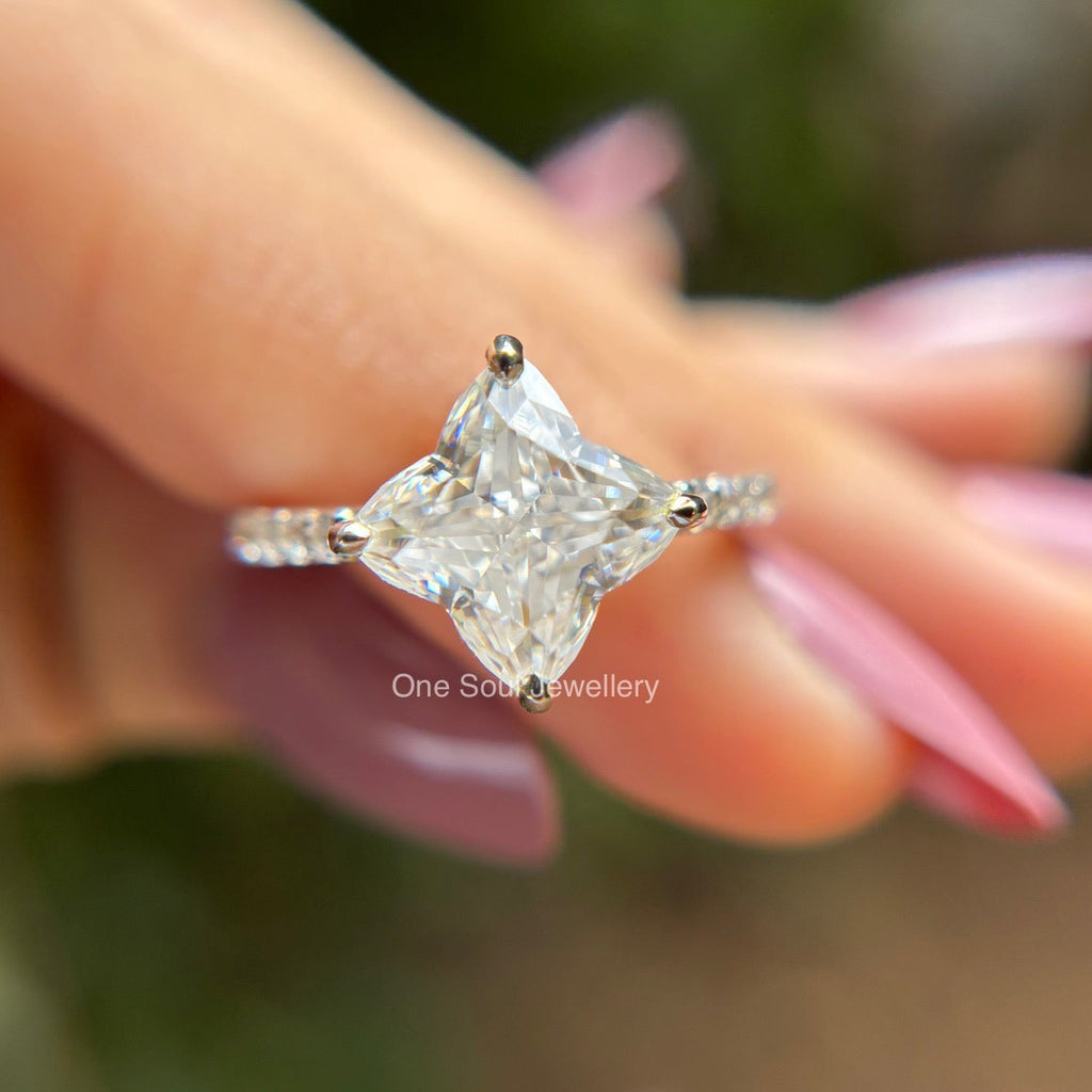 3 carat colorless clover leaf moissanite engagement ring with antique cut pave setting in 14k white gold
