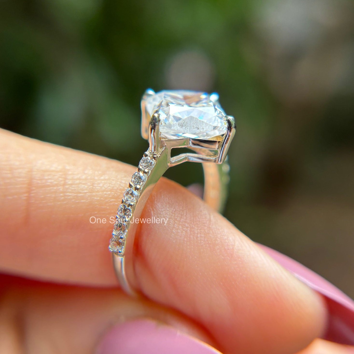 3 carat colorless clover leaf moissanite engagement ring with antique cut pave setting in 14k white gold