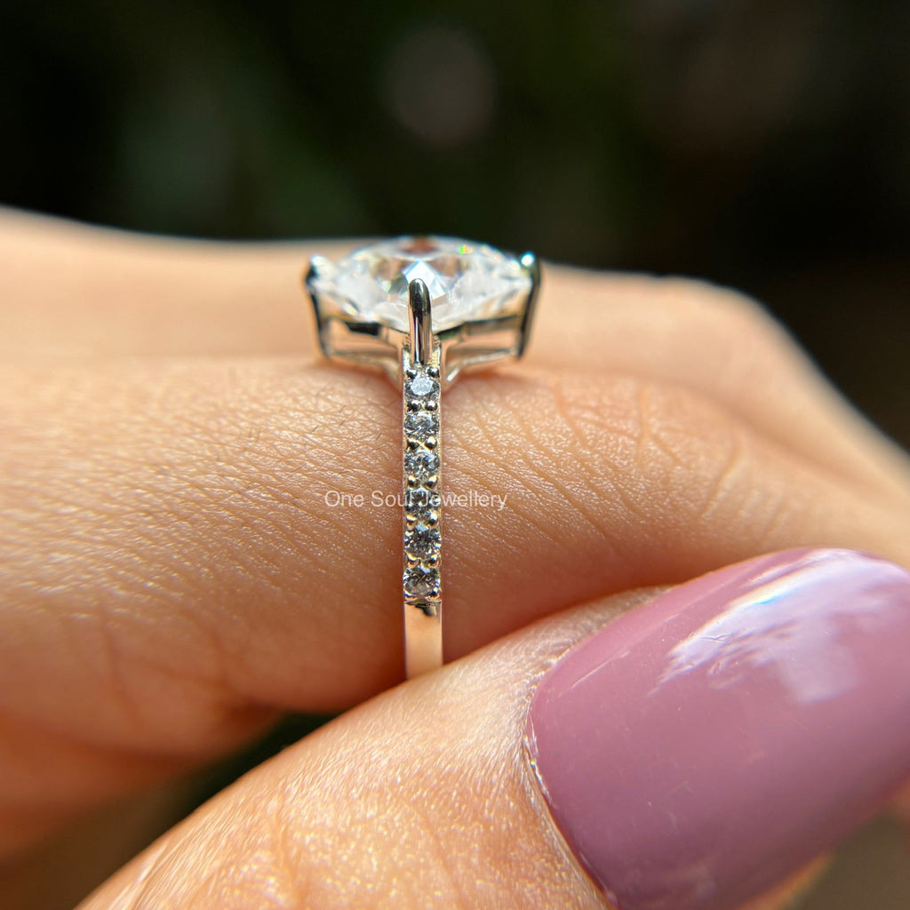 3 carat colorless clover leaf moissanite engagement ring with antique cut pave setting in 14k white gold