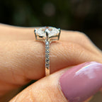 3 carat colorless clover leaf moissanite engagement ring with antique cut pave setting in 14k white gold