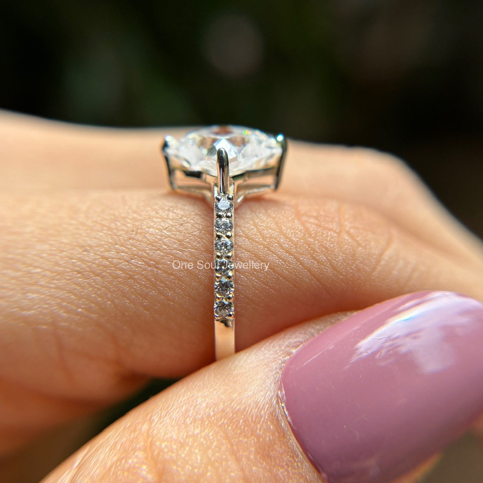 3 carat colorless clover leaf moissanite engagement ring with antique cut pave setting in 14k white gold