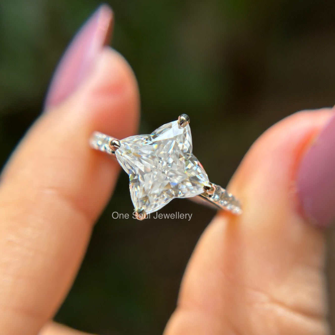 3 carat colorless clover leaf moissanite engagement ring with antique cut pave setting in 14k white gold