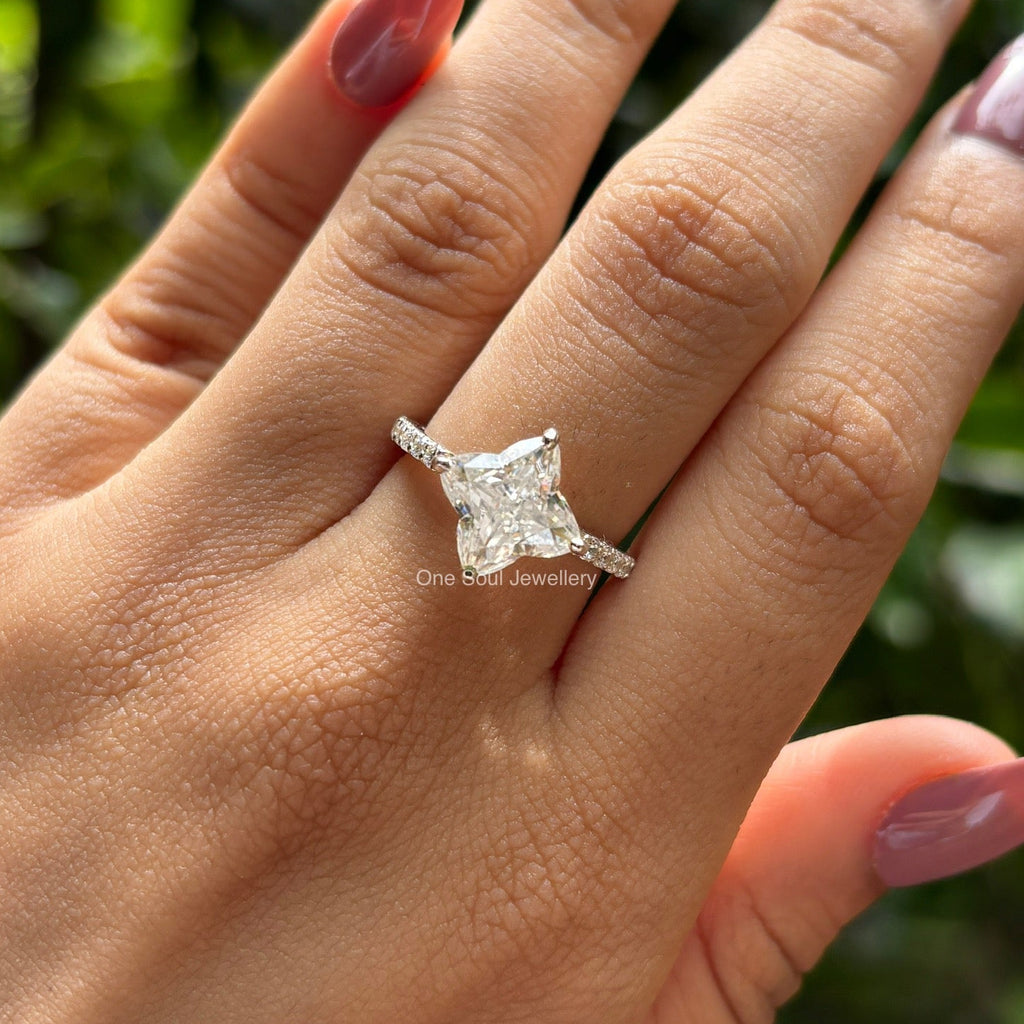3 carat colorless clover leaf moissanite engagement ring with antique cut pave setting in 14k white gold