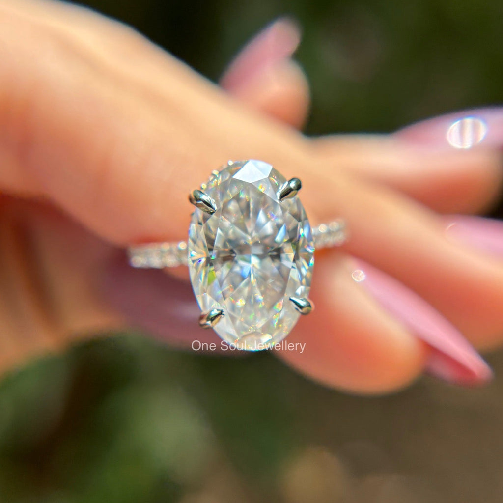 6.50 CT Oval Cut Colorless Moissanite Engagement Ring, Hidden Halo Wedding Ring, Claw Prong Proposal Ring, Solid Yellow/White/Rose Gold Ring