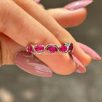 Oval Cut Ruby Half Eternity Band, Unique Wave Style Band, Stacking Band, East to West Delicate Band, July Birthstone, Promise Band for Her