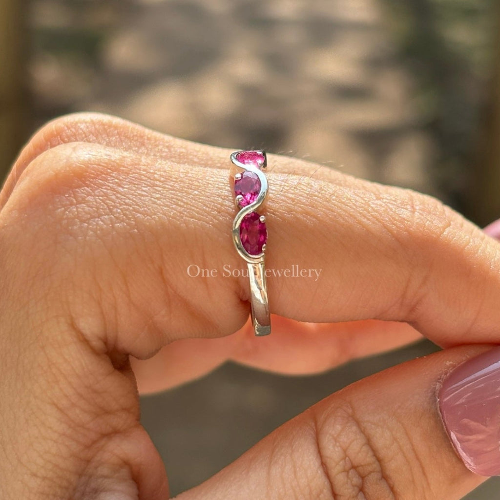 Oval Cut Ruby Half Eternity Band, Unique Wave Style Band, Stacking Band, East to West Delicate Band, July Birthstone, Promise Band for Her