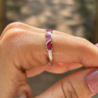 Oval Cut Ruby Half Eternity Band, Unique Wave Style Band, Stacking Band, East to West Delicate Band, July Birthstone, Promise Band for Her