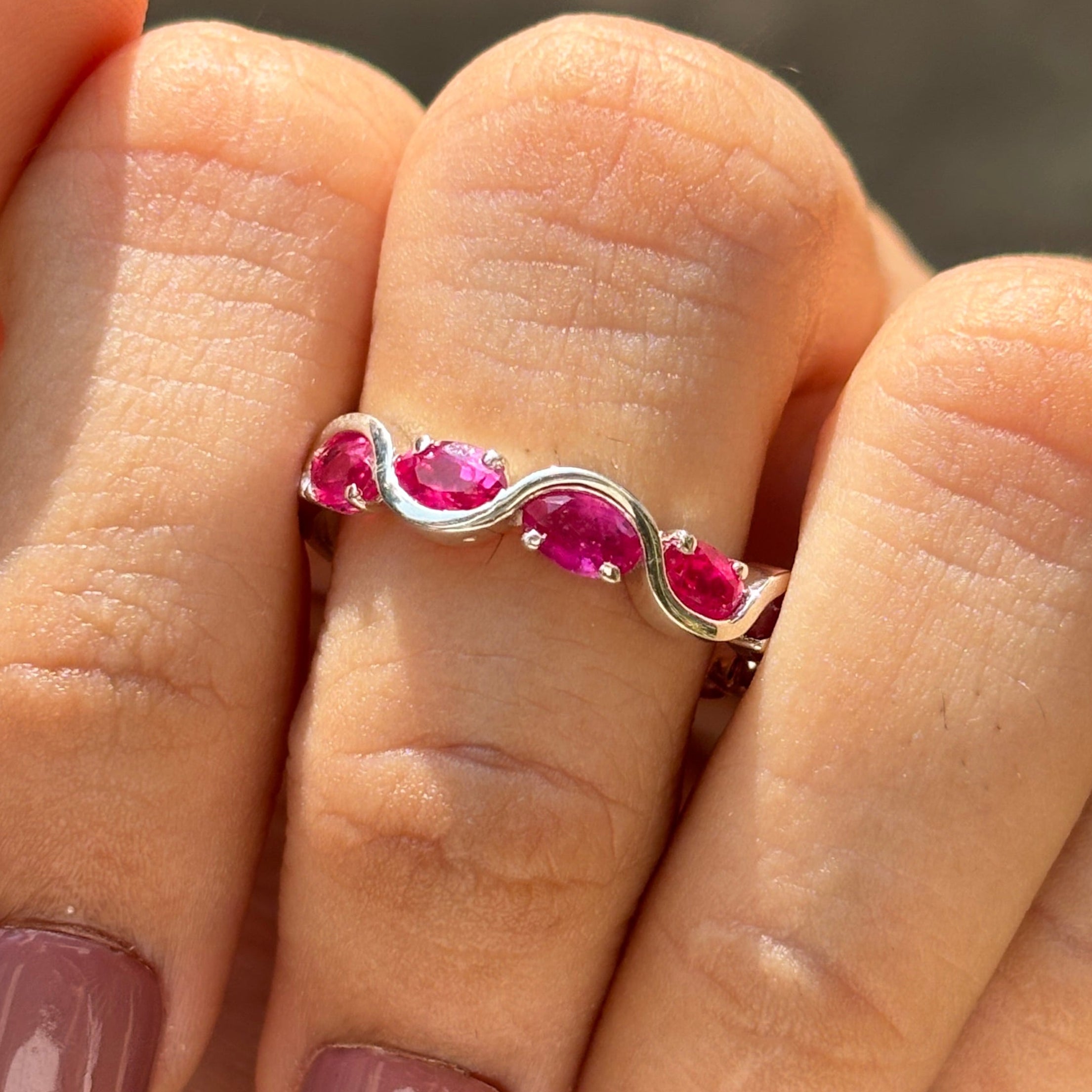 Oval Cut Ruby Half Eternity Band, Unique Wave Style Band, Stacking Band, East to West Delicate Band, July Birthstone, Promise Band for Her