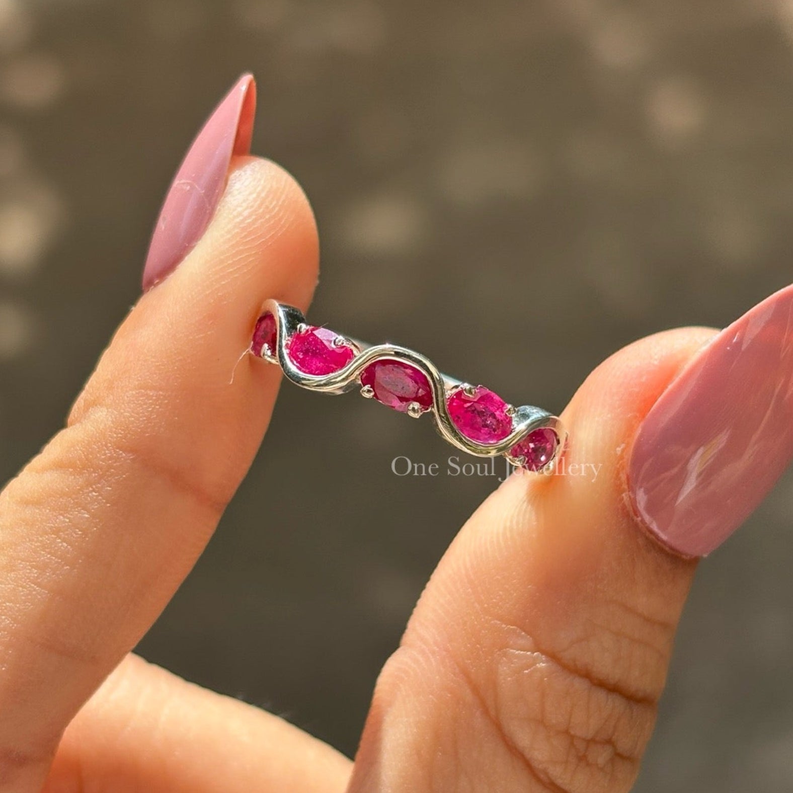 Oval Cut Ruby Half Eternity Band, Unique Wave Style Band, Stacking Band, East to West Delicate Band, July Birthstone, Promise Band for Her