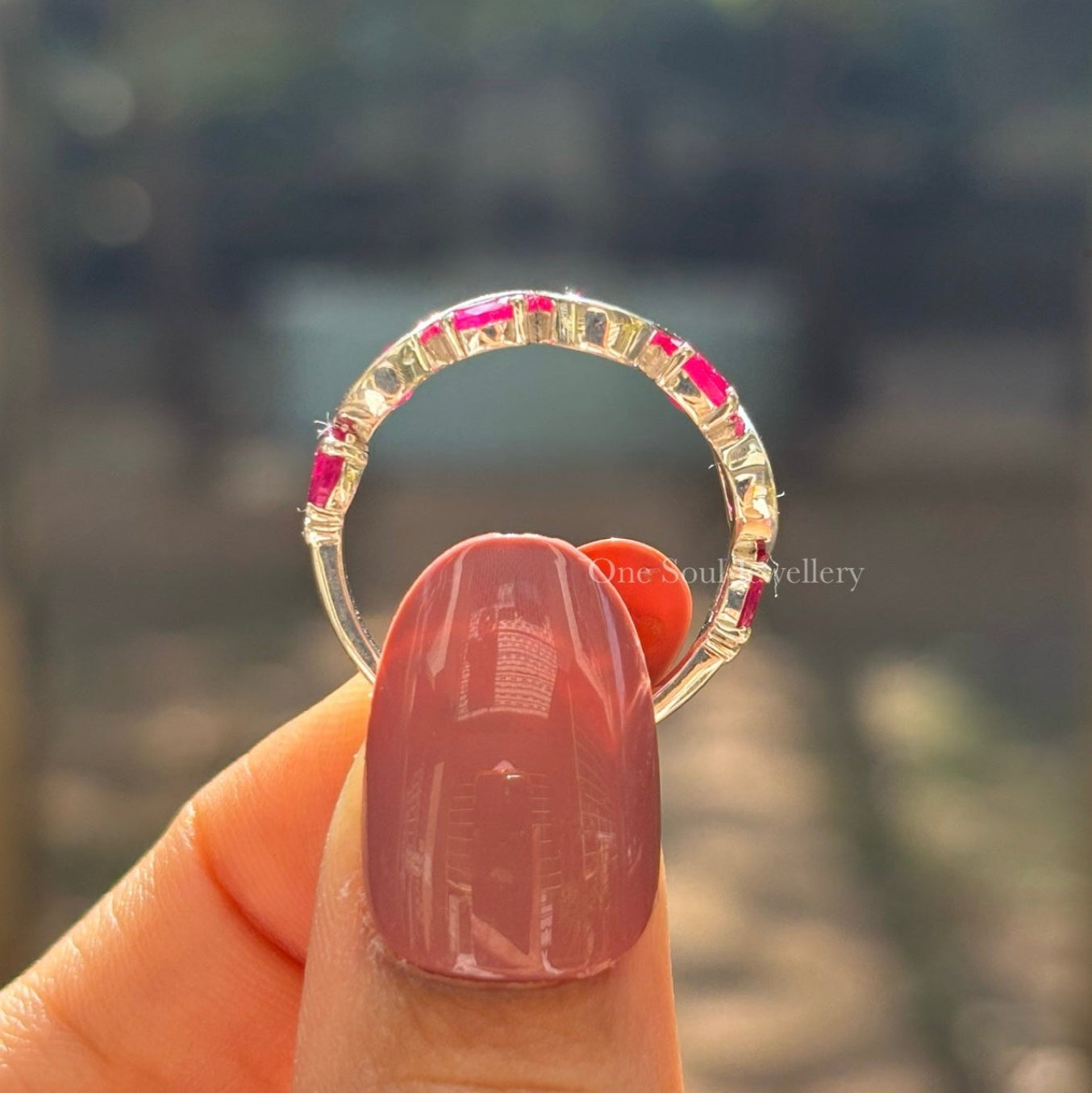Oval Cut Ruby Half Eternity Band, Unique Wave Style Band, Stacking Band, East to West Delicate Band, July Birthstone, Promise Band for Her