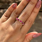 Oval Cut Ruby Half Eternity Band, Unique Wave Style Band, Stacking Band, East to West Delicate Band, July Birthstone, Promise Band for Her
