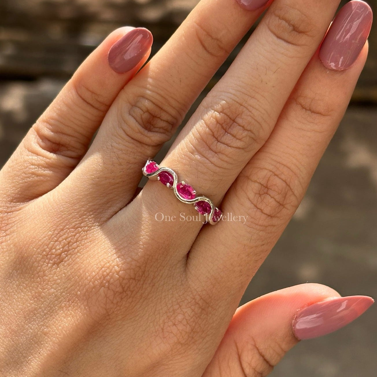 Oval Cut Ruby Half Eternity Band, Unique Wave Style Band, Stacking Band, East to West Delicate Band, July Birthstone, Promise Band for Her