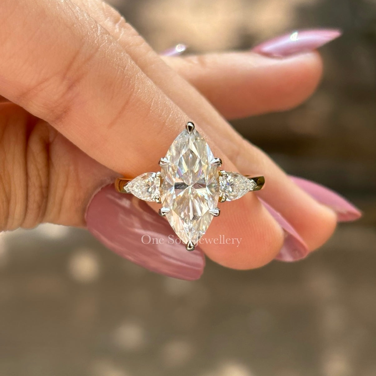 4.00 CT Marquise Cut Moissanite Engagement Ring, Three Stone Wedding Ring, Side Stone Pear Moissanite, Yellow Gold Proposal Ring