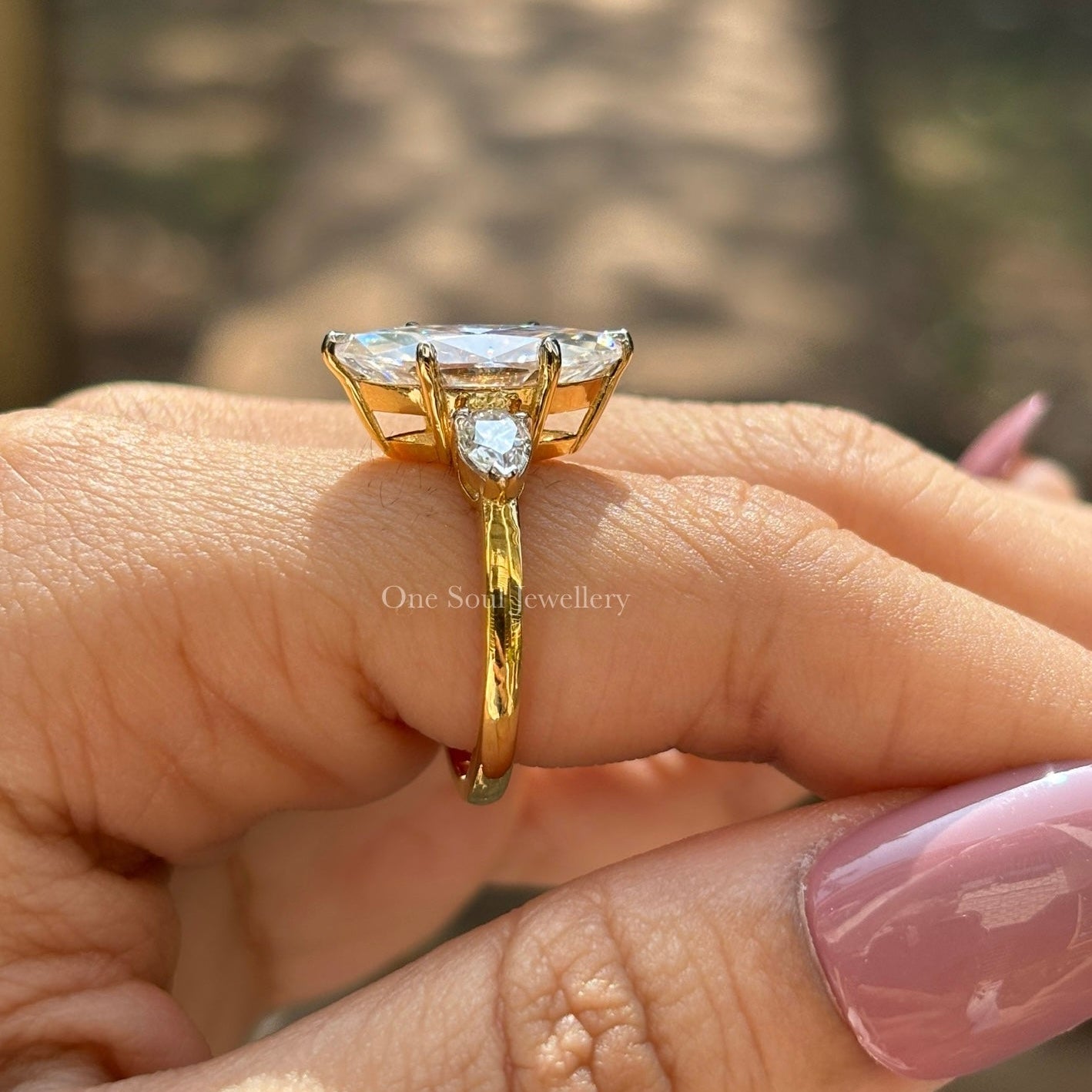 4.00 CT Marquise Cut Moissanite Engagement Ring, Three Stone Wedding Ring, Side Stone Pear Moissanite, Yellow Gold Proposal Ring