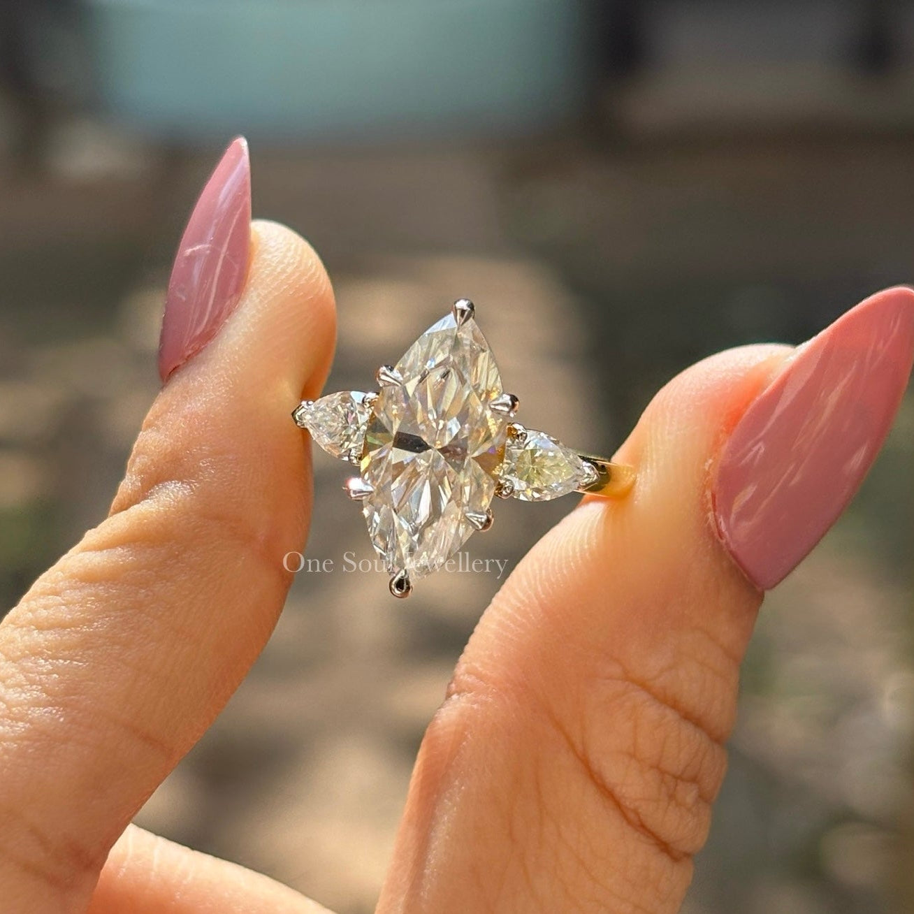 4.00 CT Marquise Cut Moissanite Engagement Ring, Three Stone Wedding Ring, Side Stone Pear Moissanite, Yellow Gold Proposal Ring
