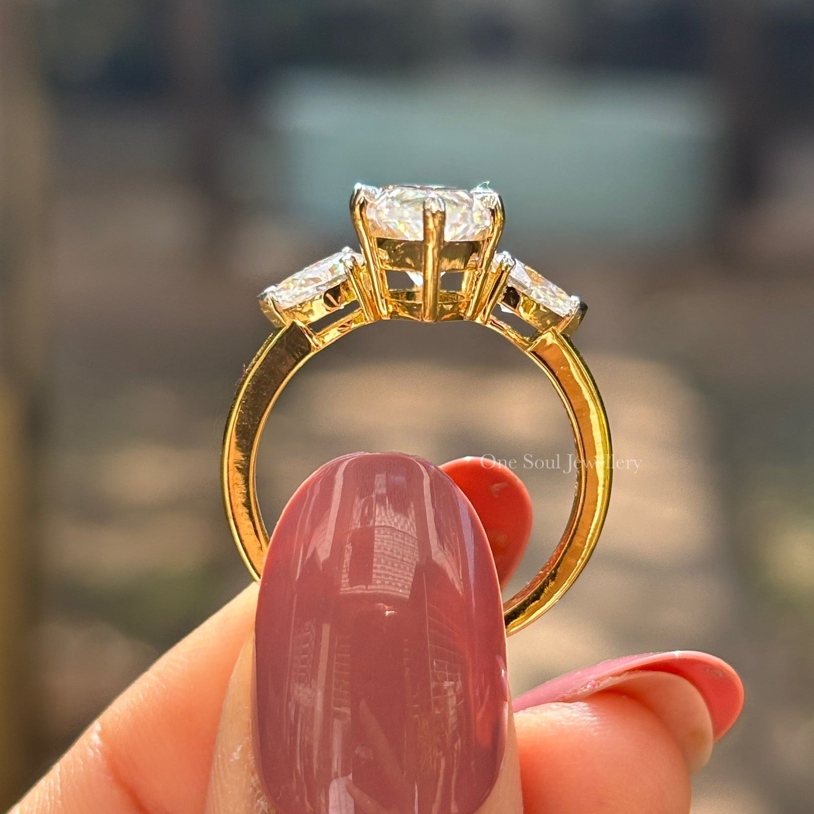 4.00 CT Marquise Cut Moissanite Engagement Ring, Three Stone Wedding Ring, Side Stone Pear Moissanite, Yellow Gold Proposal Ring