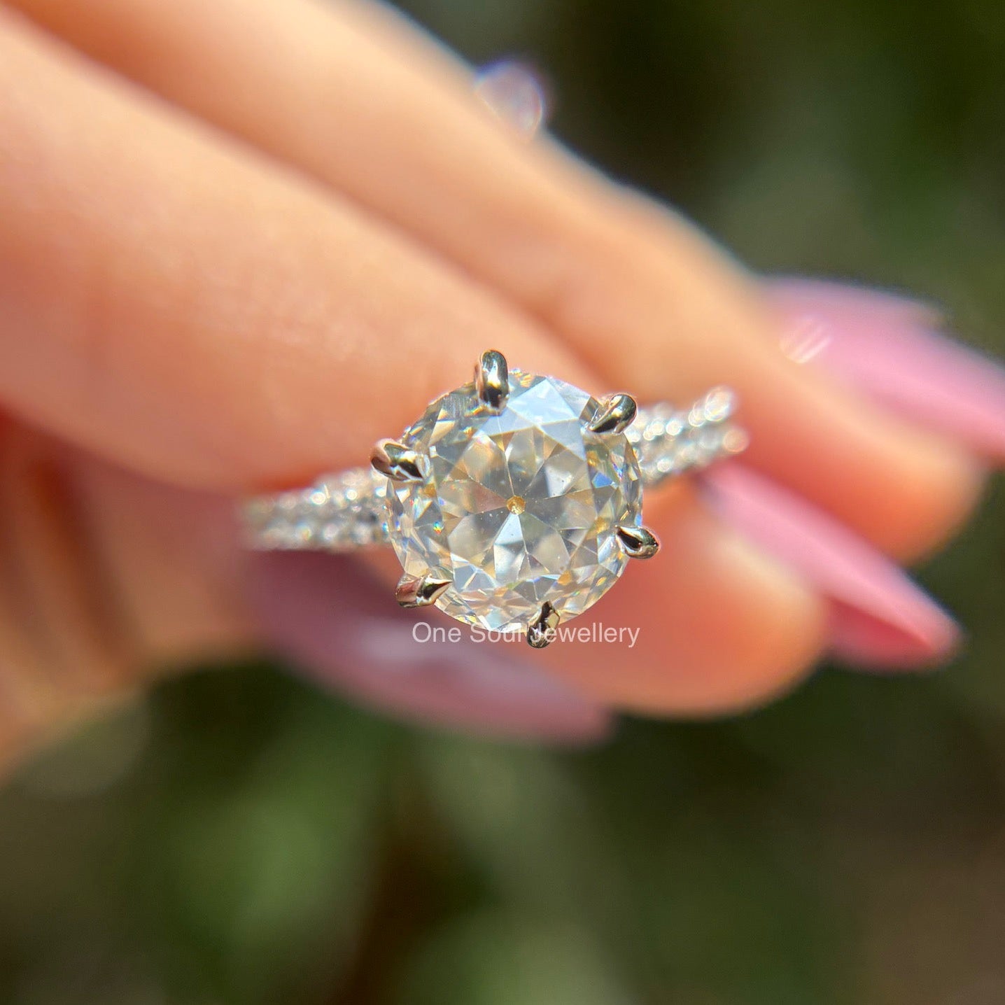 3.50 CT Old European Cut Moissanite Engagement Ring with Vintage Pave Setting and Round Colorless Center Stone