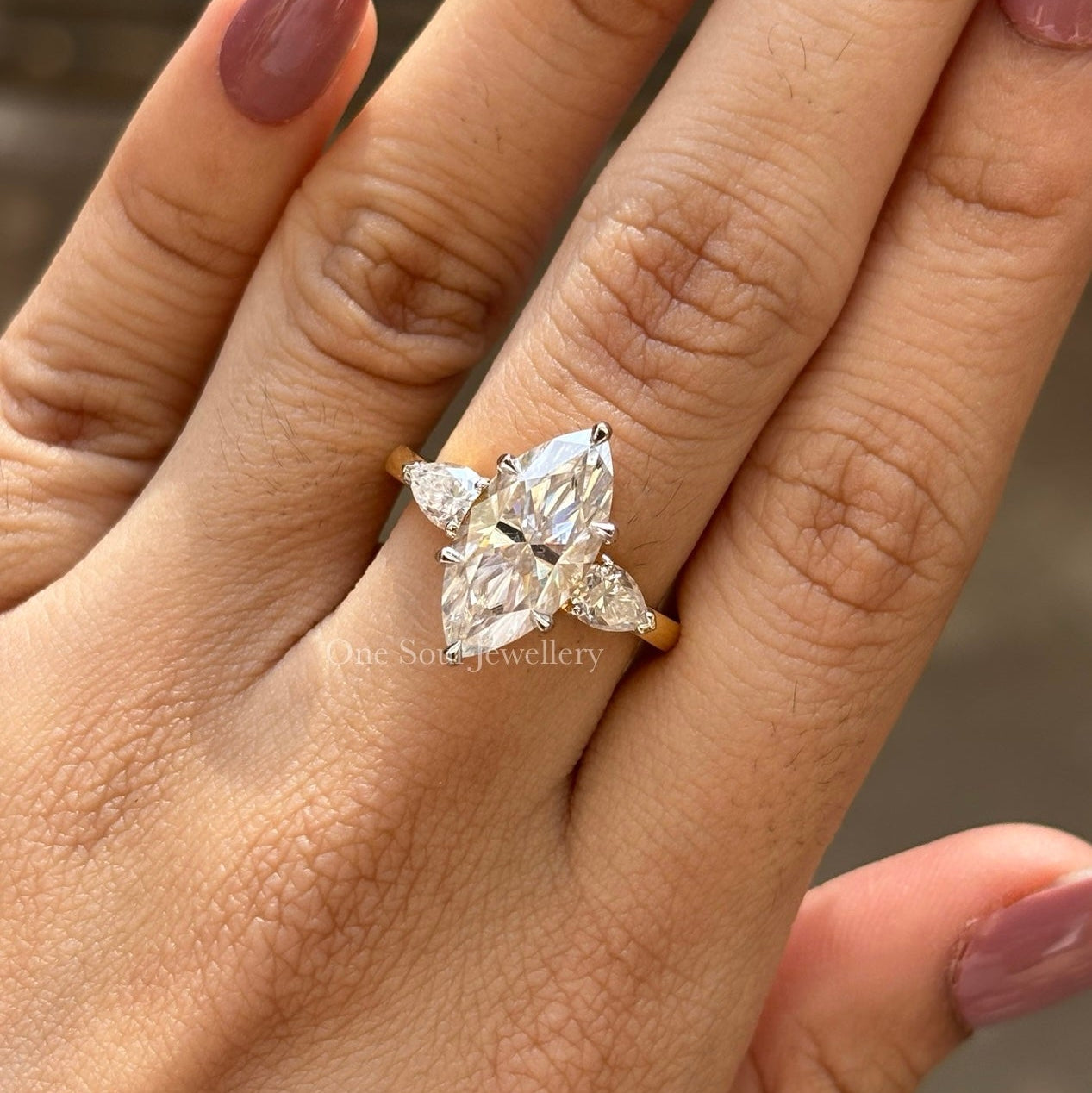 4.00 CT Marquise Cut Moissanite Engagement Ring, Three Stone Wedding Ring, Side Stone Pear Moissanite, Yellow Gold Proposal Ring