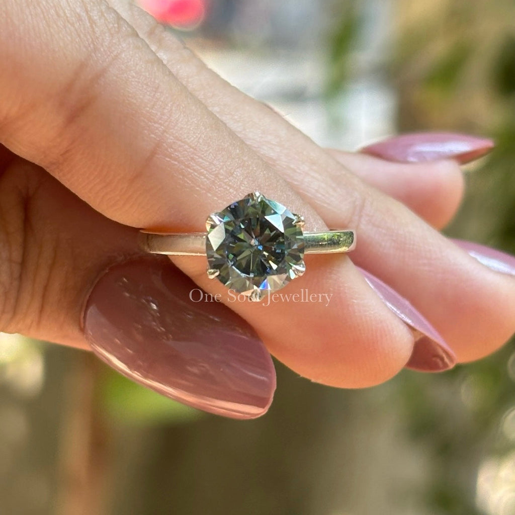Grey Round Cut Moissanite Ring, Tulip Setting Engagement Ring, Petal Prong Setting, Proposal Solitaire Ring, Rings for Women