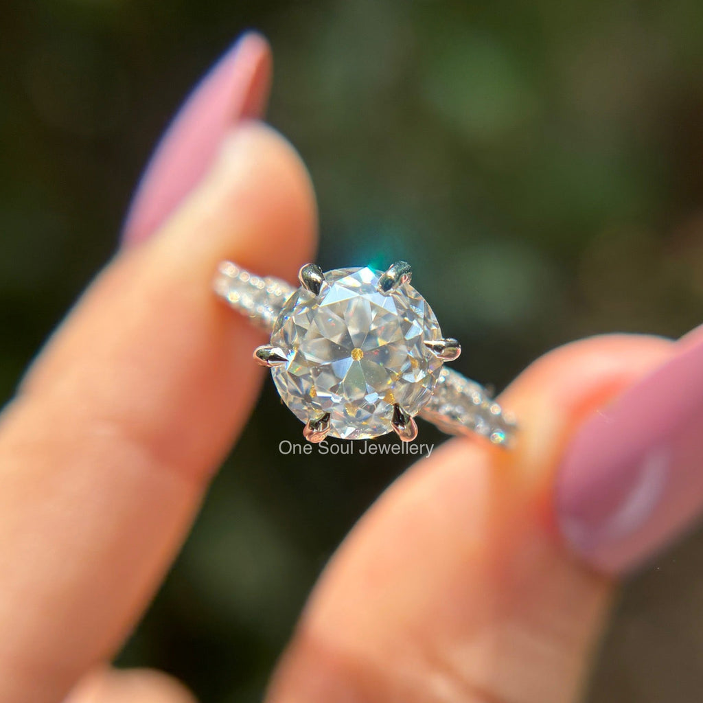 3.50 CT Old European Cut Moissanite Engagement Ring with Vintage Pave Setting and Round Colorless Center Stone