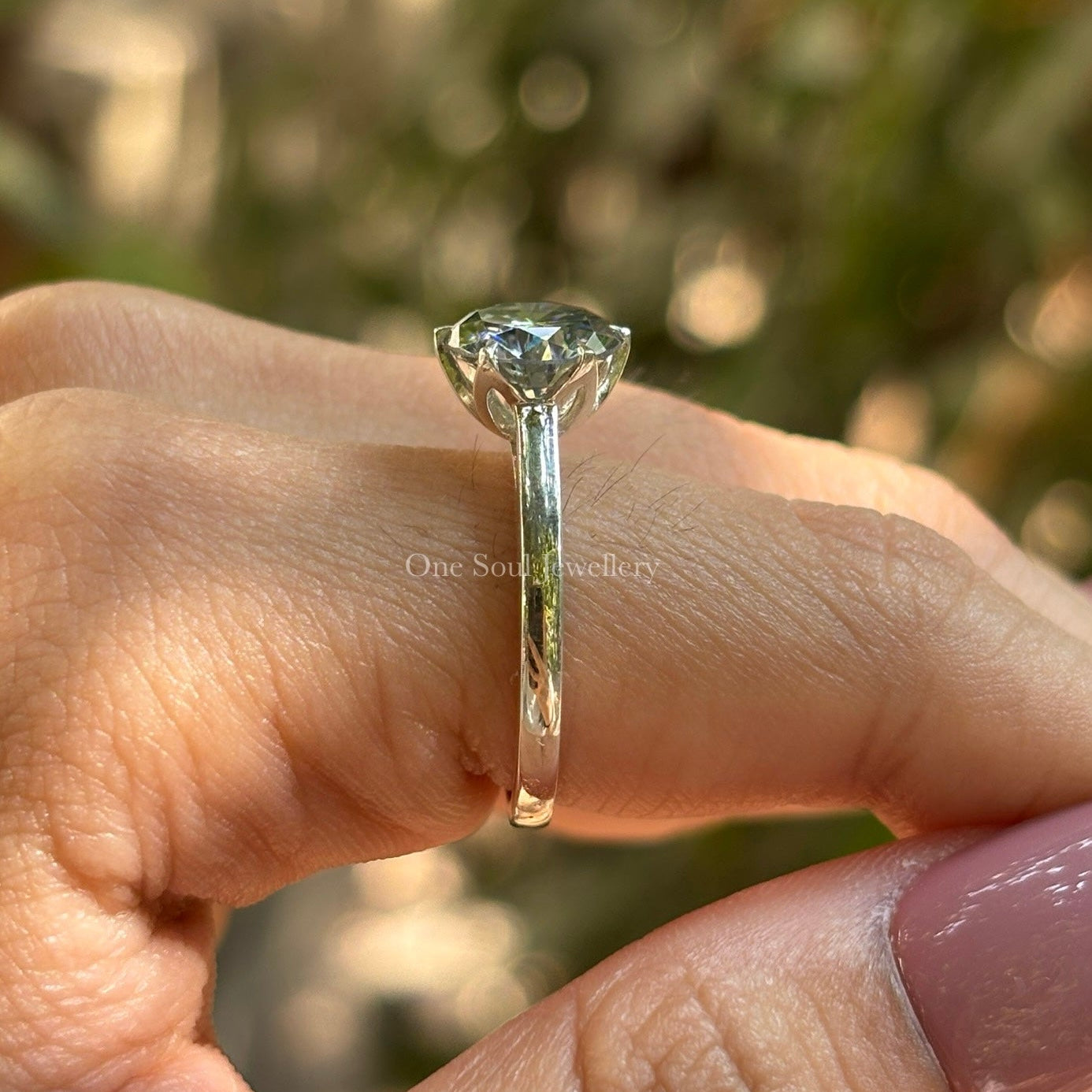 Grey Round Cut Moissanite Ring, Tulip Setting Engagement Ring, Petal Prong Setting, Proposal Solitaire Ring, Rings for Women