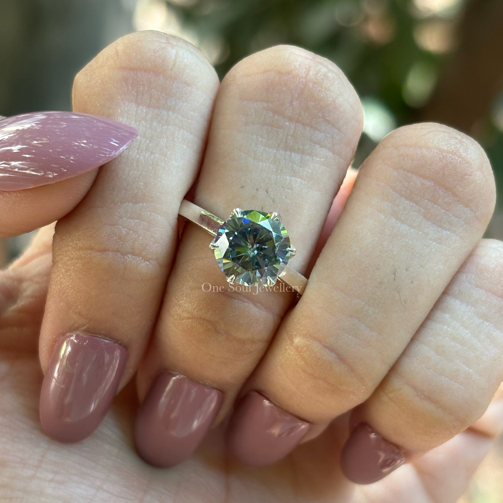 Grey Round Cut Moissanite Ring, Tulip Setting Engagement Ring, Petal Prong Setting, Proposal Solitaire Ring, Rings for Women
