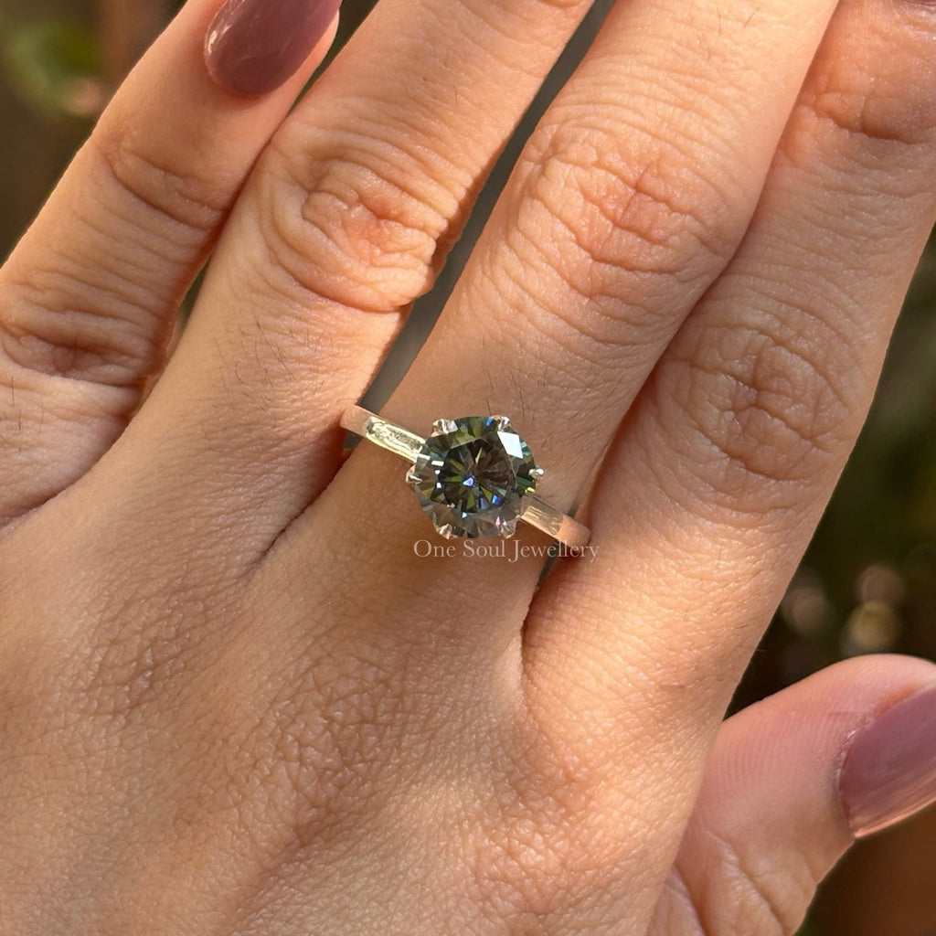 Grey Round Cut Moissanite Ring, Tulip Setting Engagement Ring, Petal Prong Setting, Proposal Solitaire Ring, Rings for Women