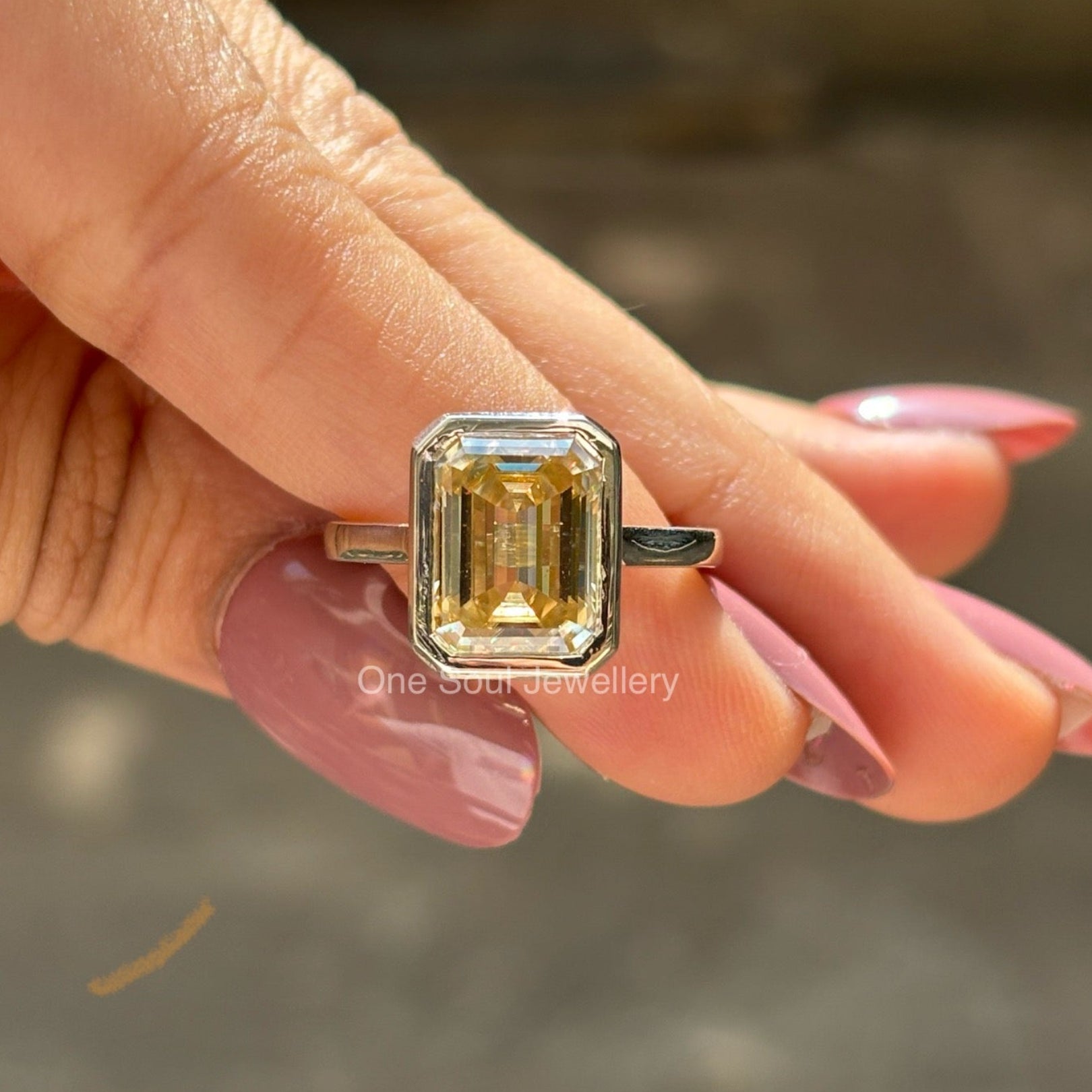 4.00 CT Emerald Cut Canary Yellow Moissanite Engagement Ring, Bezel Set Wedding Ring, Solitaire Ring for Women, Cathedral Set Ring for Her