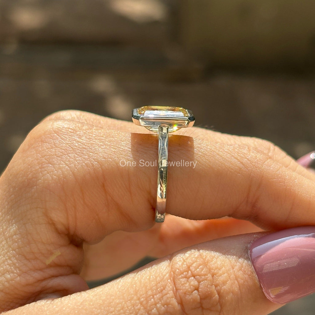 4.00 CT Emerald Cut Canary Yellow Moissanite Engagement Ring, Bezel Set Wedding Ring, Solitaire Ring for Women, Cathedral Set Ring for Her