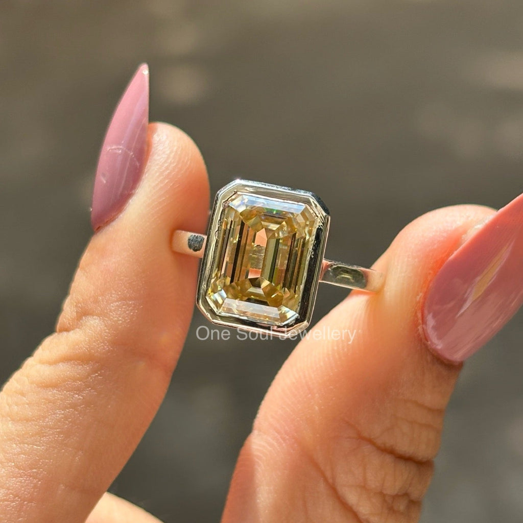 4.00 CT Emerald Cut Canary Yellow Moissanite Engagement Ring, Bezel Set Wedding Ring, Solitaire Ring for Women, Cathedral Set Ring for Her