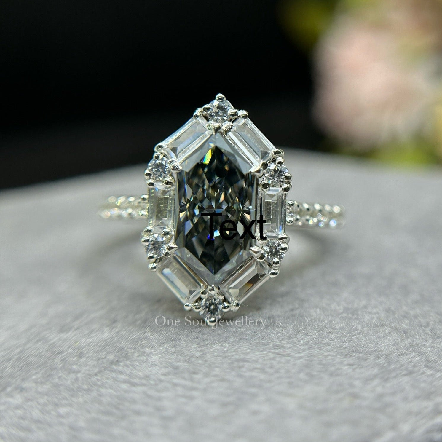 Dutch Marquise Dark Grey Moissanite Engagement Ring, Vintage Baguette & Round Halo Wedding Ring, Promise Ring for Women, Bridal Set Ring