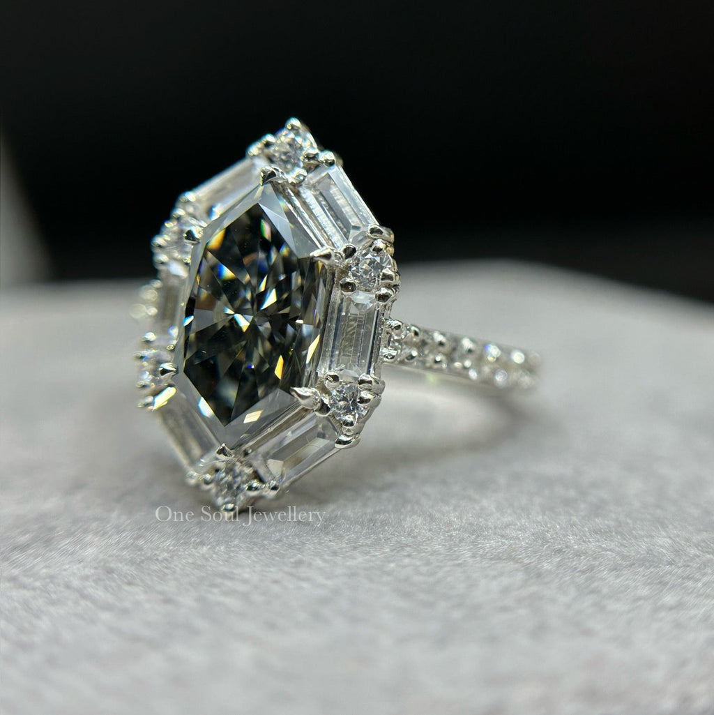 Dutch Marquise Dark Grey Moissanite Engagement Ring, Vintage Baguette & Round Halo Wedding Ring, Promise Ring for Women, Bridal Set Ring