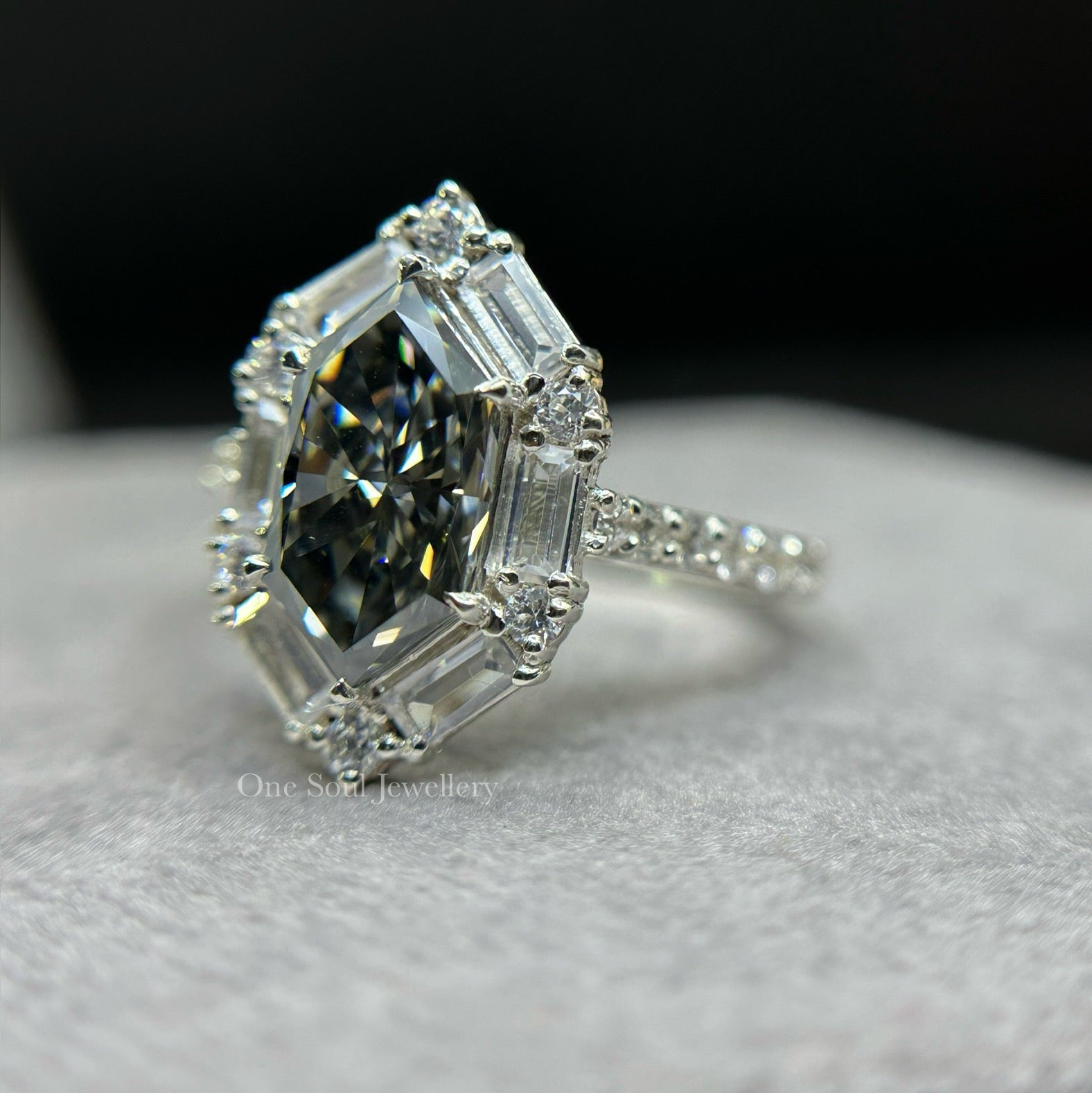 Dutch Marquise Dark Grey Moissanite Engagement Ring, Vintage Baguette & Round Halo Wedding Ring, Promise Ring for Women, Bridal Set Ring