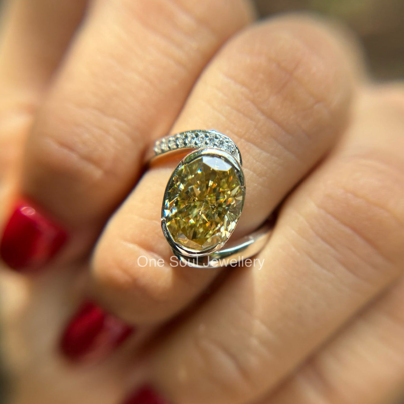 Oval Canary Yellow Moissanite Engagement Ring, Oval Solitaire Wedding Ring, Bezel Set, Bypass Shank, White Gold Ring, Anniversary Gifts