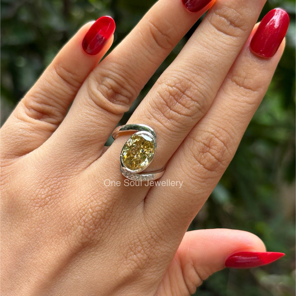 Oval Canary Yellow Moissanite Engagement Ring, Oval Solitaire Wedding Ring, Bezel Set, Bypass Shank, White Gold Ring, Anniversary Gifts