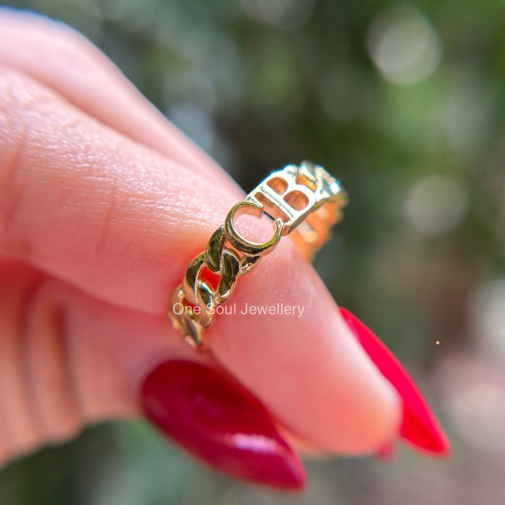 Solid Gold Cuban Link Ring, Initial Name Ring, Cuban Link Ring, Stackable Ring, Personalized Ring, Promise Ring, Dainty Name Ring
