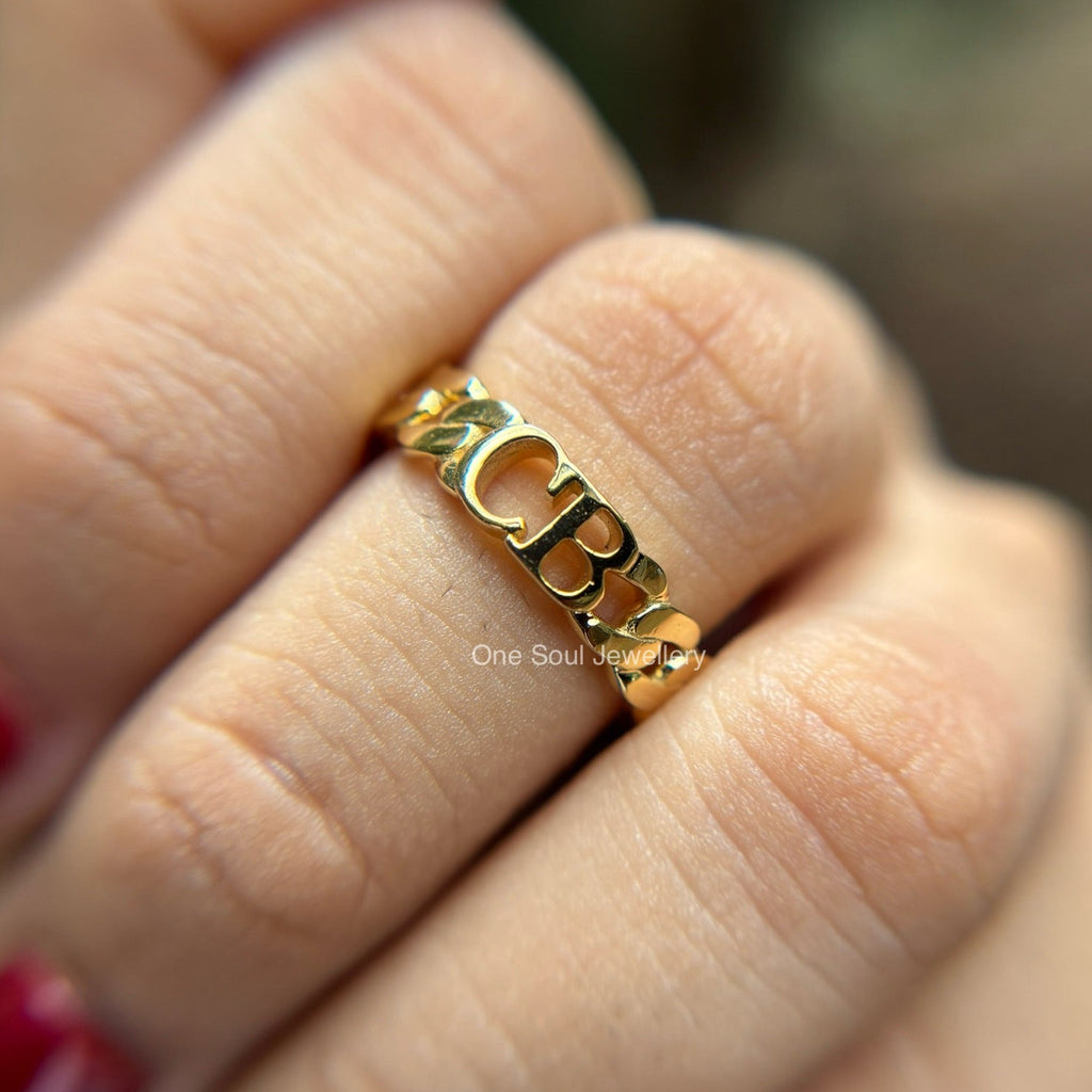 Solid Gold Cuban Link Ring, Initial Name Ring, Cuban Link Ring, Stackable Ring, Personalized Ring, Promise Ring, Dainty Name Ring