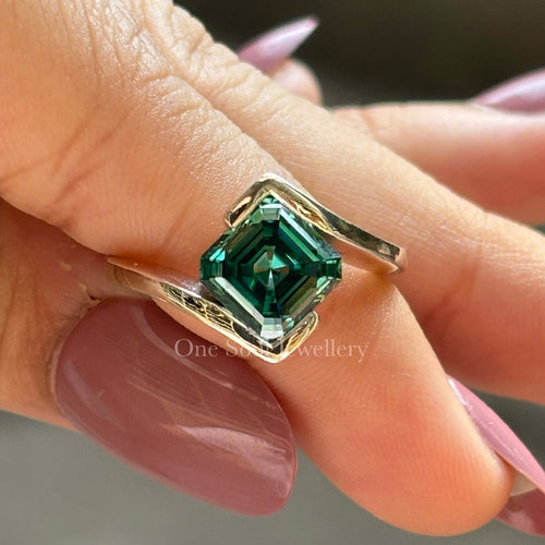 3.00 CT Asscher Dark Green Moissanite Engagement Ring, Bypass Shank Bezel et Ring, 10K White Gold Wedding Ring, Square Cut Diamond Ring