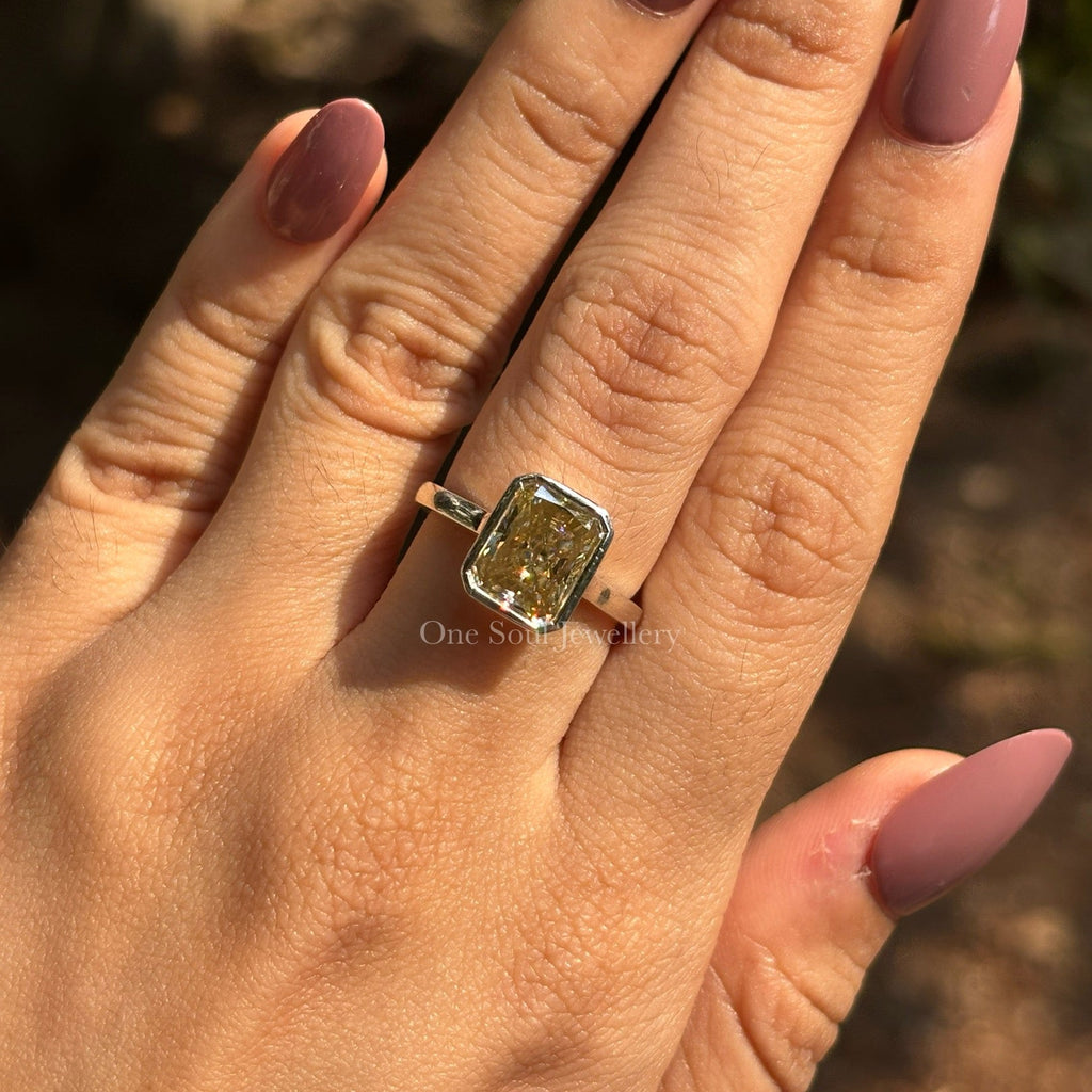 Radiant Cut Yellow Moissanite Engagement Ring, 3.00 CT Radiant Cut Wedding Ring, Bezel Set Solitaire Ring, Anniversary Gift for Her