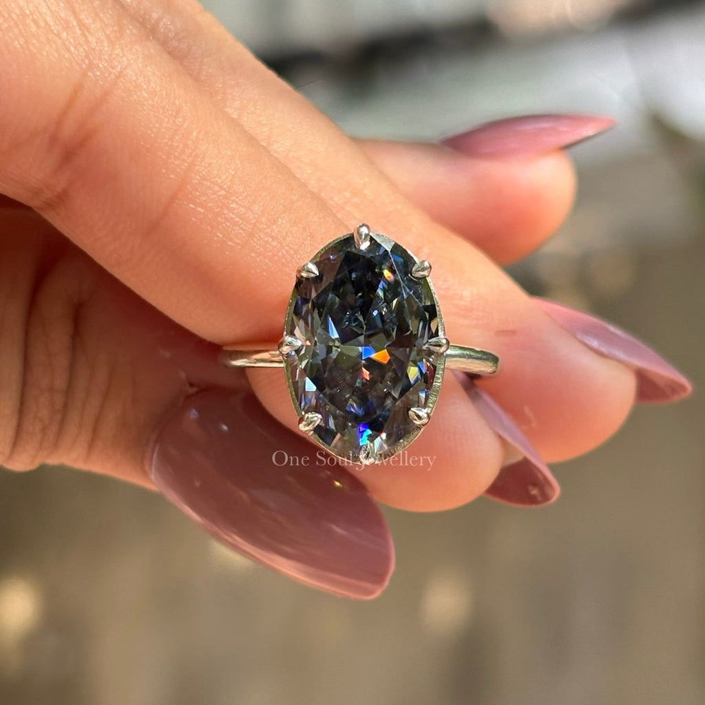 Big Dark Grey Oval Moissanite Engagement Ring, Gray Diamond Solitaire Wedding Ring, Button Setting, 8 Prong Ring, Proposal Ring, Trendy Ring