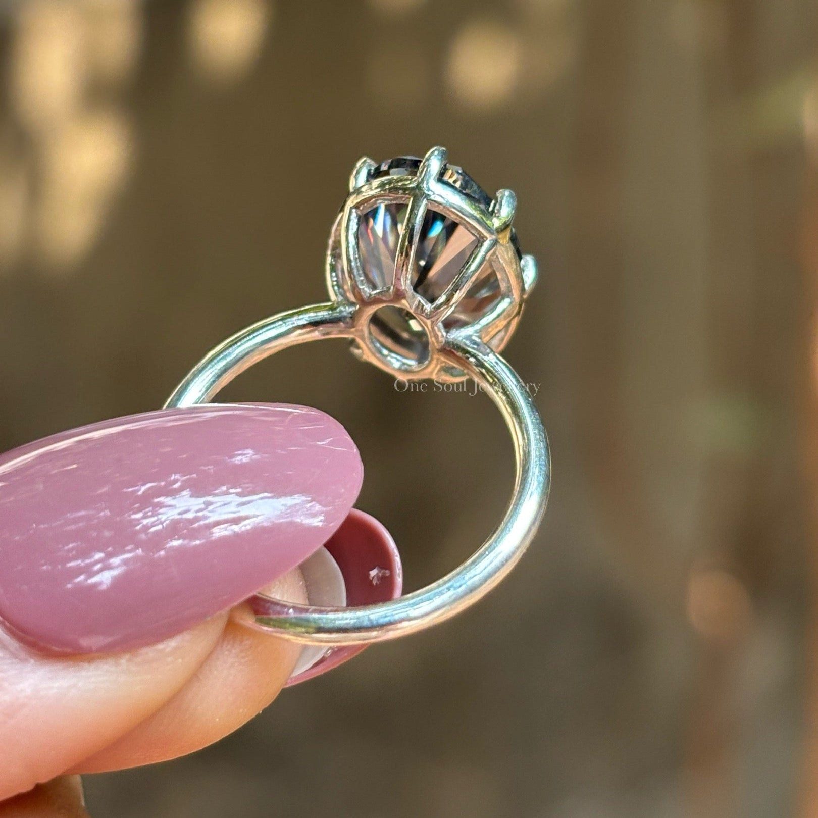 Big Dark Grey Oval Moissanite Engagement Ring, Gray Diamond Solitaire Wedding Ring, Button Setting, 8 Prong Ring, Proposal Ring, Trendy Ring
