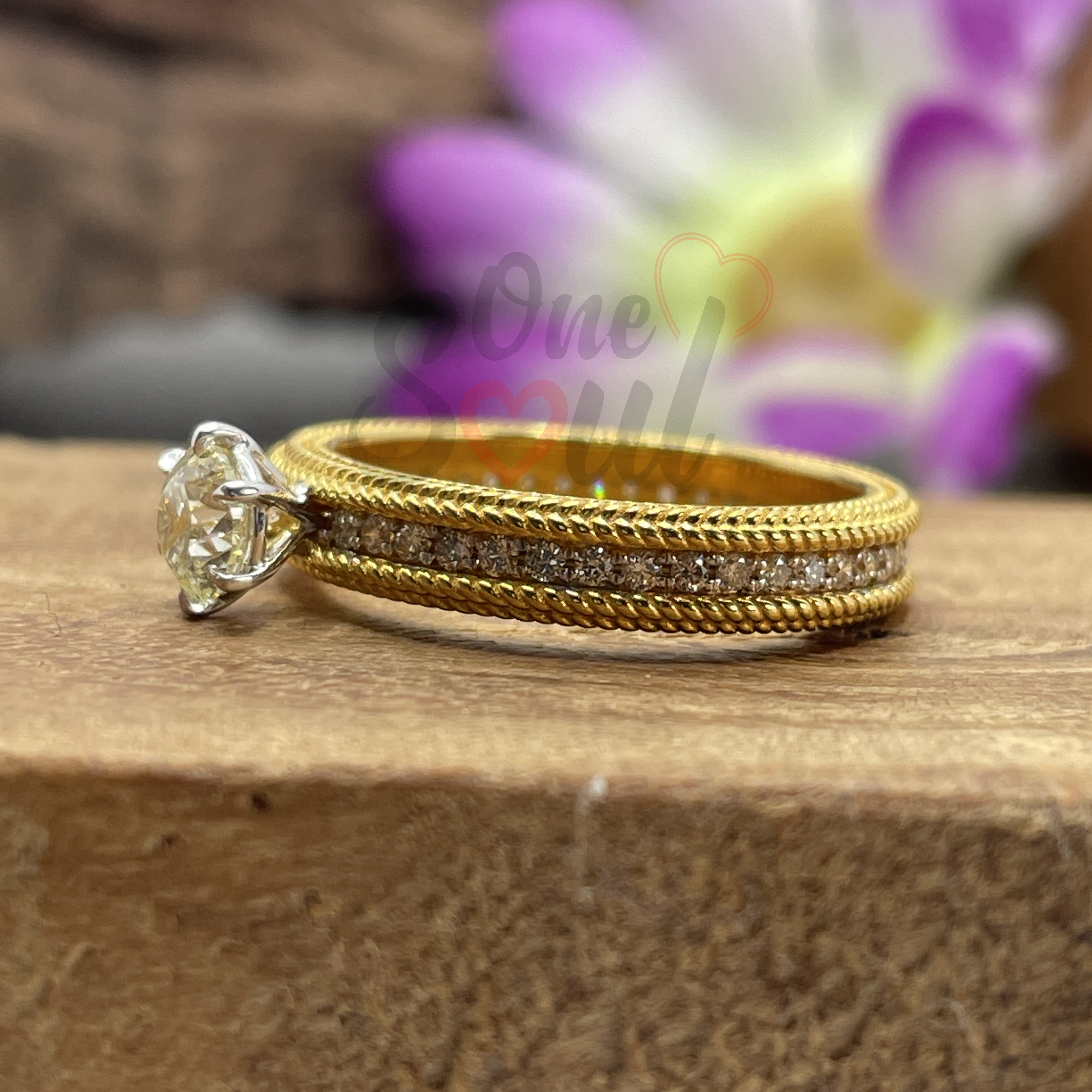 14K yellow gold solitaire engagement ring with 0.50ct round brilliant colorless moissanite — pavé set band, handcrafted fine jewelry
