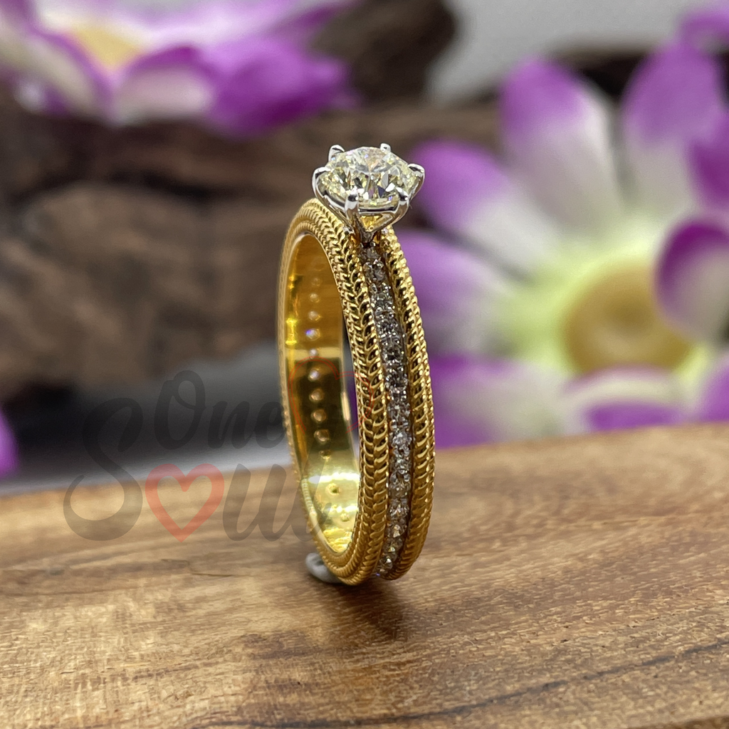 14K yellow gold solitaire engagement ring with 0.50ct round brilliant colorless moissanite — pavé set band, handcrafted fine jewelry