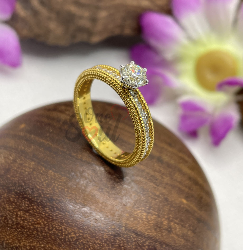 14K yellow gold solitaire engagement ring with 0.50ct round brilliant colorless moissanite — pavé set band, handcrafted fine jewelry