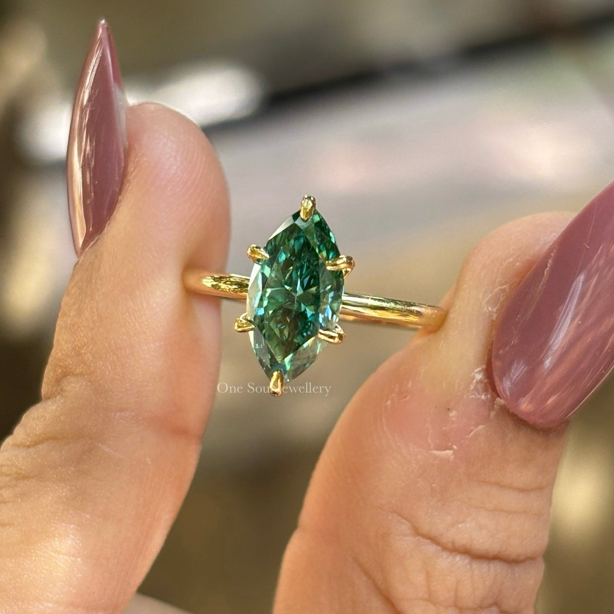 Dark Green Marquise Cut Moissanite Engagement Ring, 2.00 CT Solitaire Wedding Ring, 10K Yellow Gold Ring, Claw Prongs, Proposal Ring