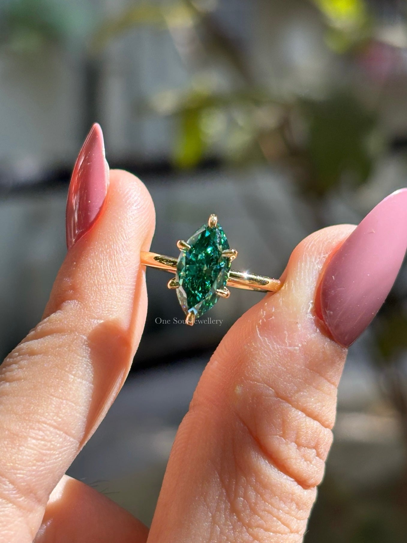 Dark Green Marquise Cut Moissanite Engagement Ring, 2.00 CT Solitaire Wedding Ring, 10K Yellow Gold Ring, Claw Prongs